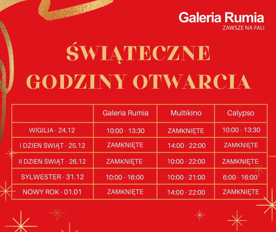 Świąteczna rozpiska godzin otwarcia Galerii Rumia